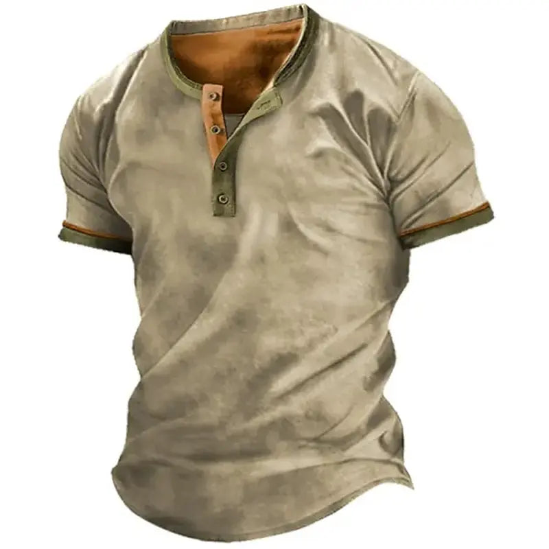 Men's V-neck Henley Shirt Printed Top Vintage Cotton