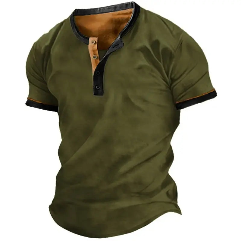 Men's V-neck Henley Shirt Printed Top Vintage Cotton